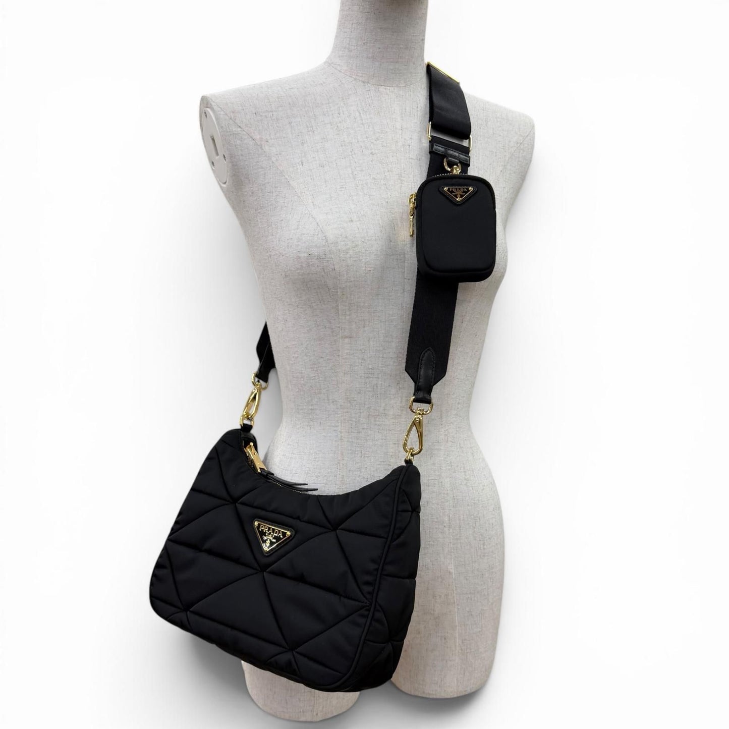 Prada Padded Re-Nylon Shoulder Bag Triangle Logo Black Gold — view 8