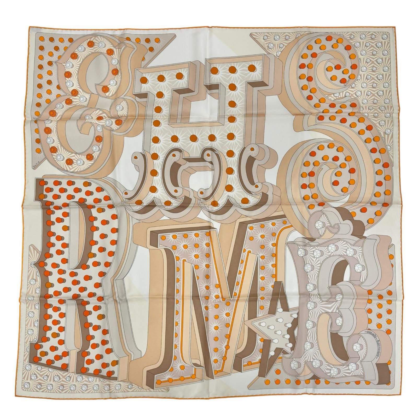 Hermes Carre 90 Electrique Electric Silk 100% Scarf Beige Orange