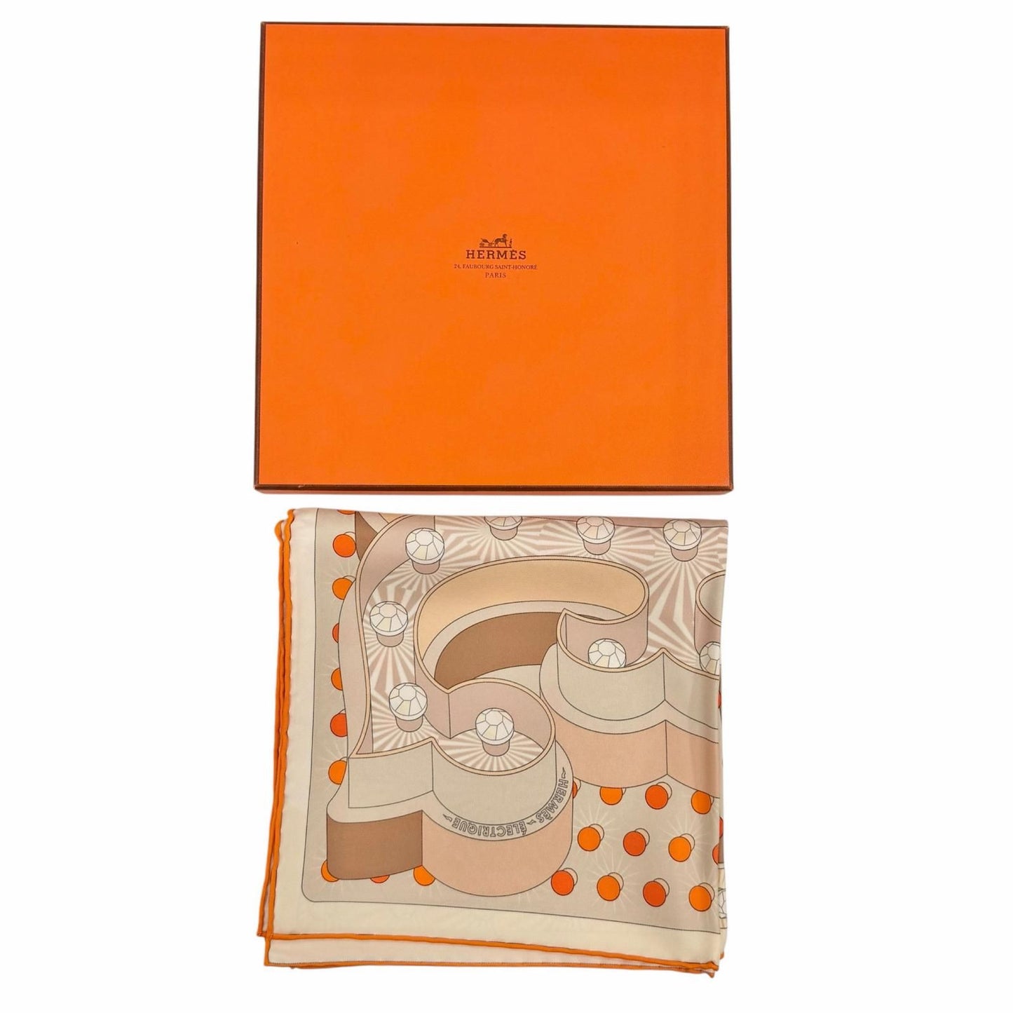 Hermes Carre 90 Electrique Electric Silk 100% Scarf Beige Orange — view 2