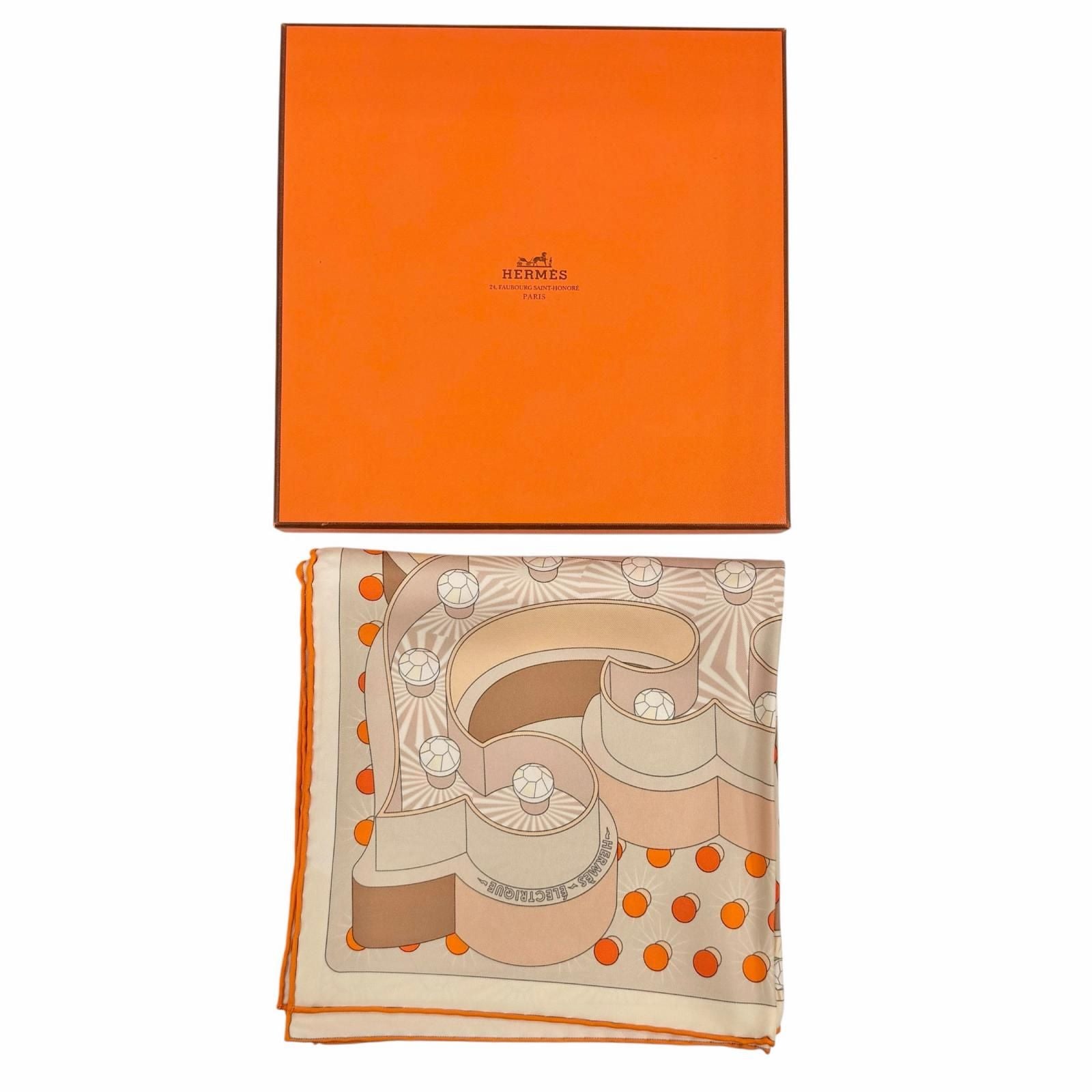 Hermes Carre 90 Electrique Electric Silk 100% Scarf Beige Orange — view 2