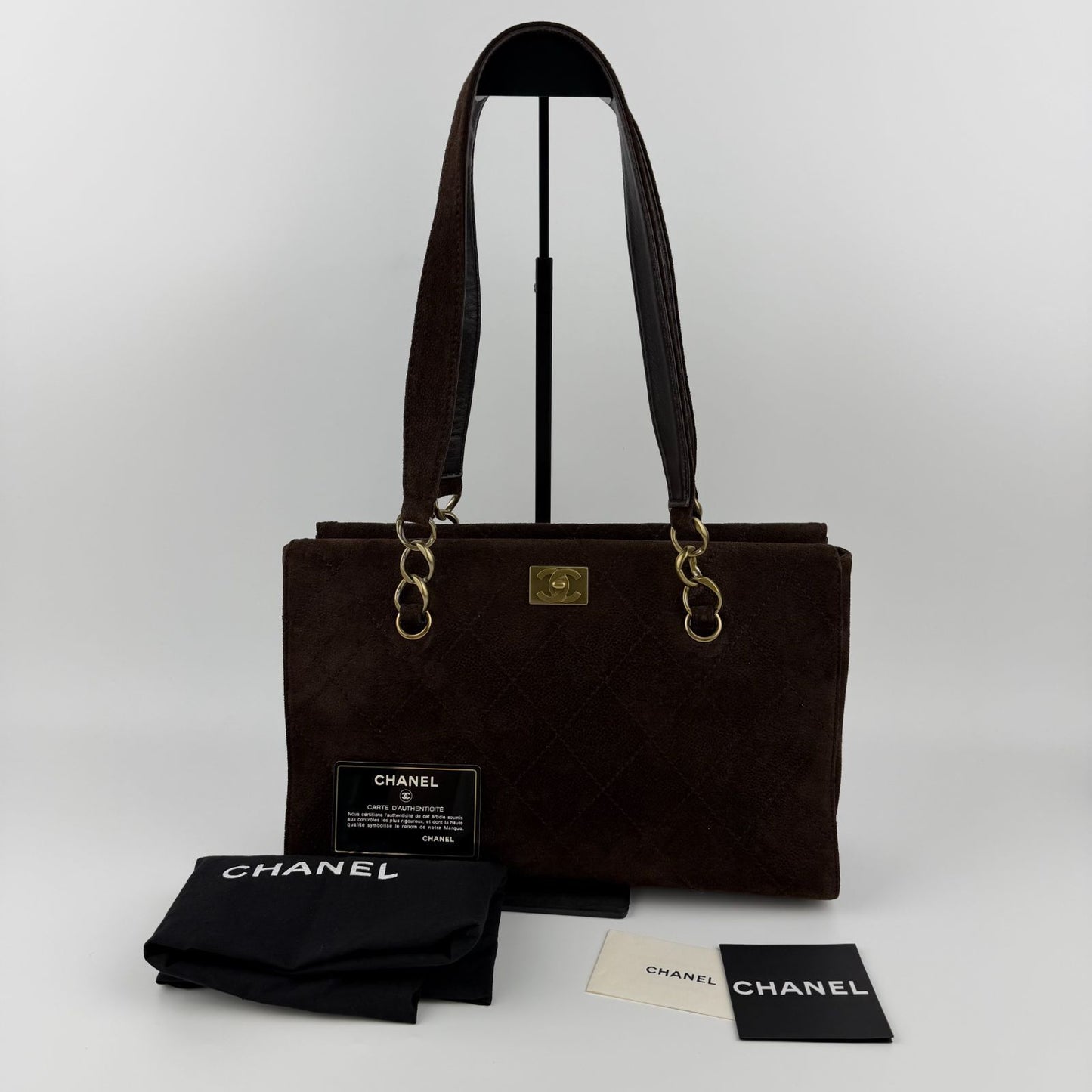 Chanel CC Logo Quilted Shoulder Bag Brown Suede Vintage