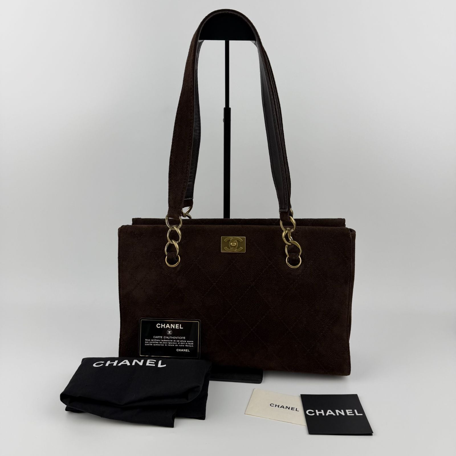 Chanel CC Logo Quilted Shoulder Bag Brown Suede Vintage