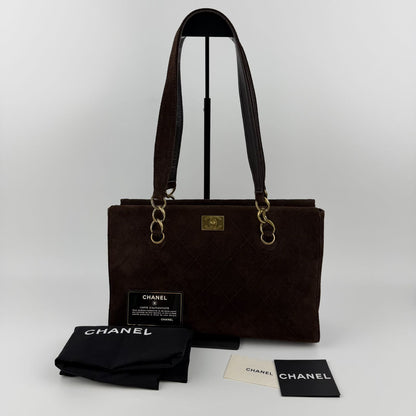 Chanel CC Logo Quilted Shoulder Bag Brown Suede Vintage
