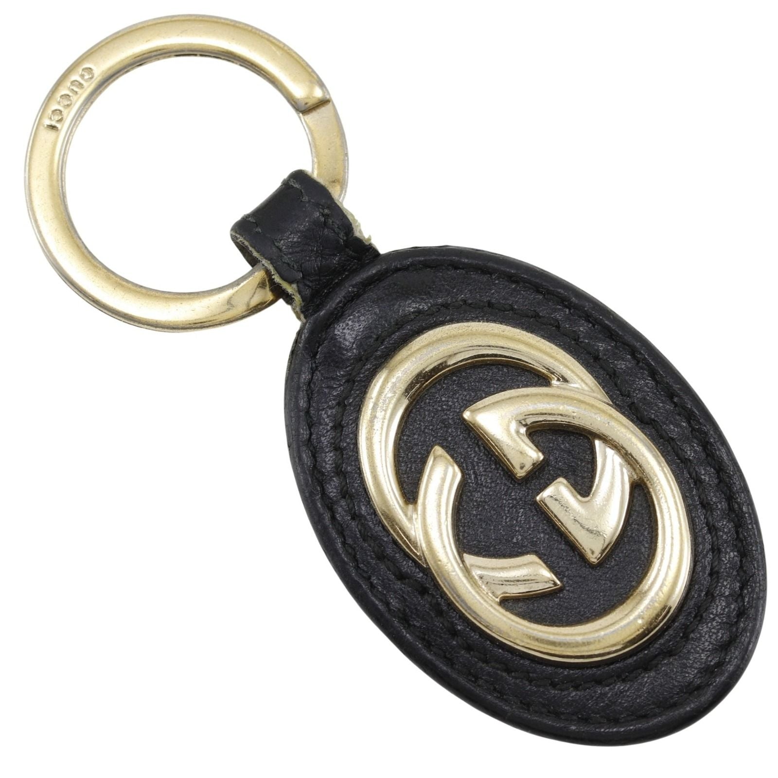 Gucci Interlocking Key Ring Leather Gold Plated Black Key Holder