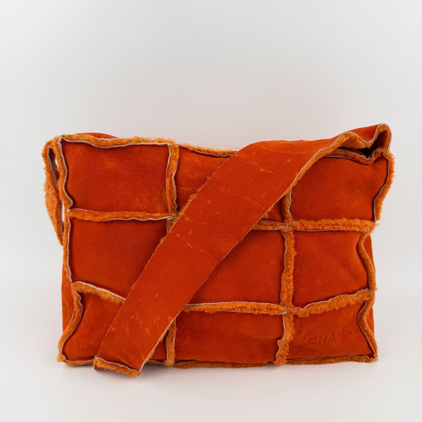 Chanel CC Logo Choco Bar Shoulder Bag Orange Shearling Suede Vintage