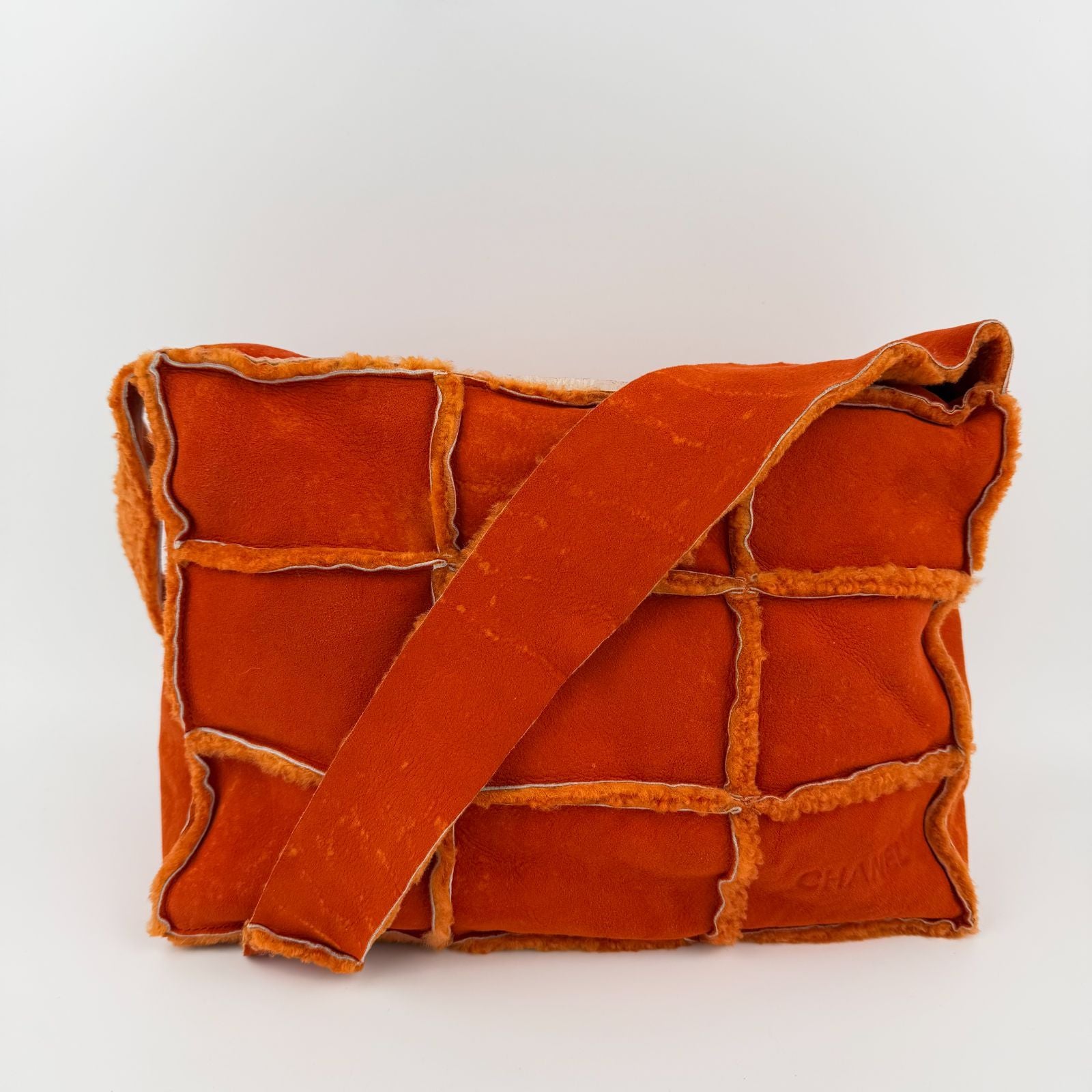 Chanel CC Logo Choco Bar Shoulder Bag Orange Shearling Suede Vintage
