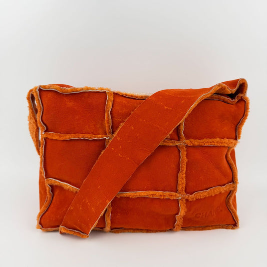 Chanel CC Logo Choco Bar Shoulder Bag Orange Shearling Suede Vintage