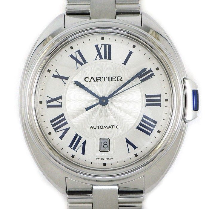 Cartier Watch Cles Silver Guilloche Dial Roman Index Date Back Slotted SS