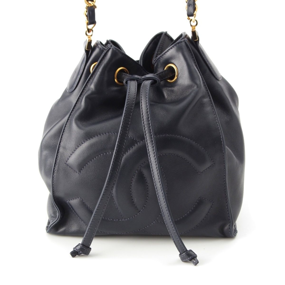 Chanel Lambskin Jumbo CC Logo Chain Shoulder Bag Gold Pouch Navy