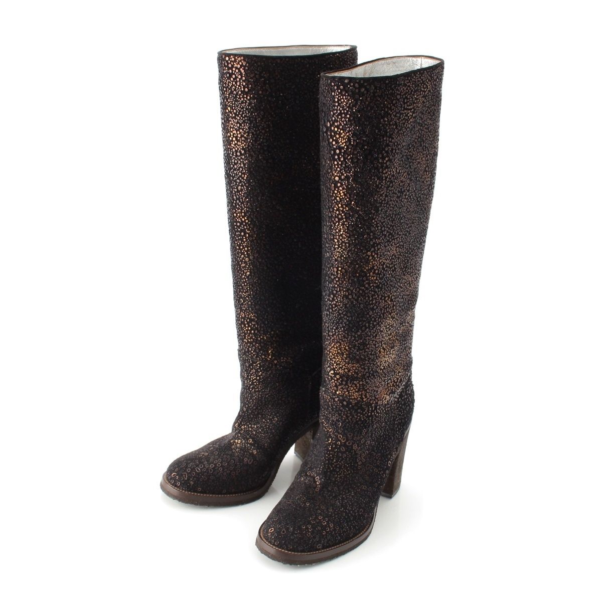 Chanel Leather Metallic Heels Long Boots Shoes Black Gold 36c