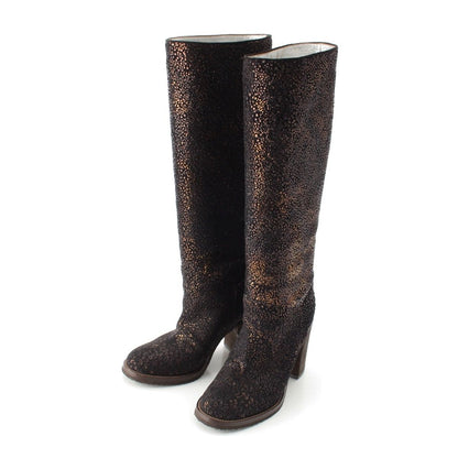 Chanel Leather Metallic Heels Long Boots Shoes Black Gold 36c