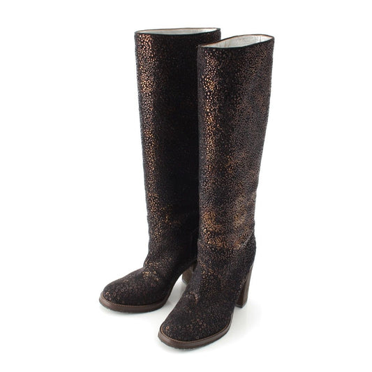 Chanel Leather Metallic Heels Long Boots Shoes Black Gold 36c