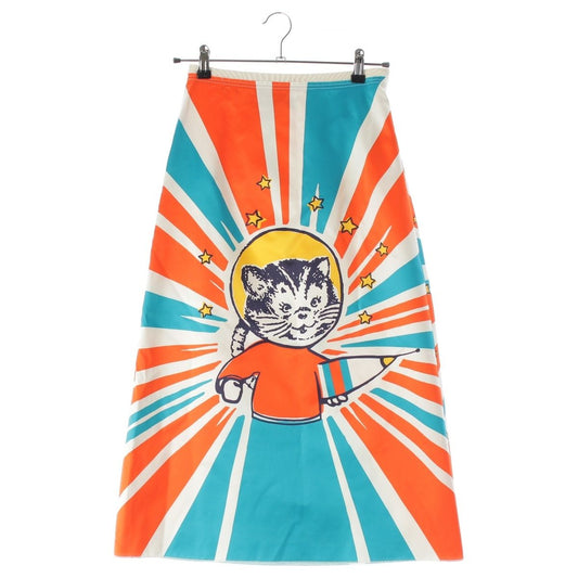 Gucci Silk Michele Space Cat Illustration Print Long Skirt Multi Color 38