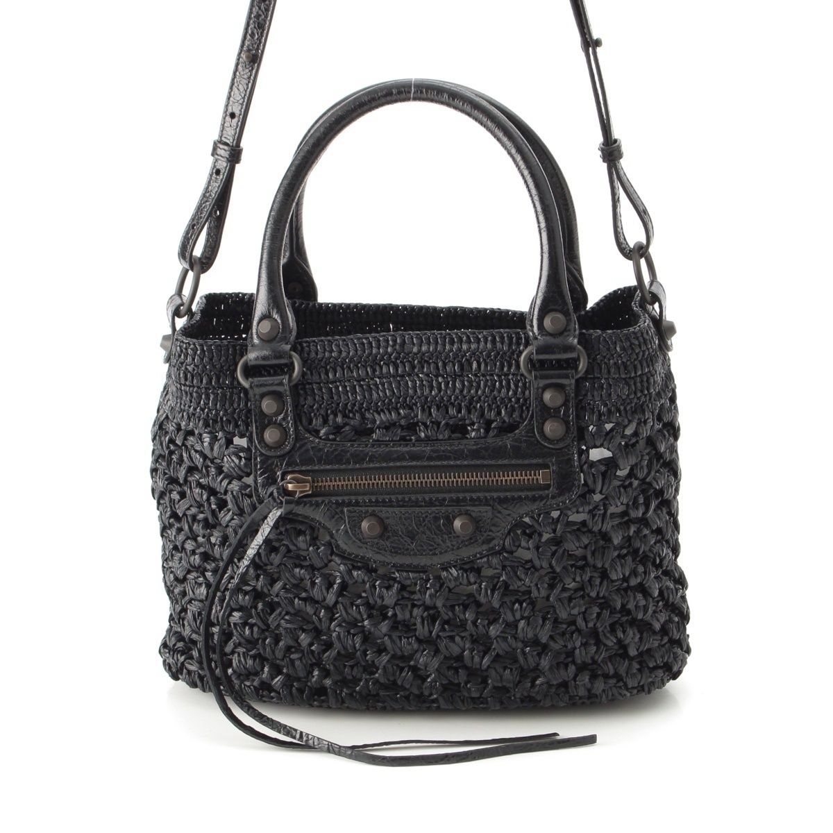 Balenciaga le City Raffia 2-Way Basket Handbag Black