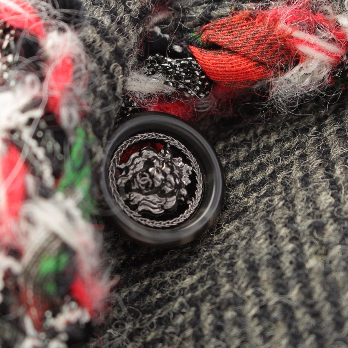 Chanel Wool Silk Trim Lion Button Terre Jacket Top Gray Red 38 — view 8