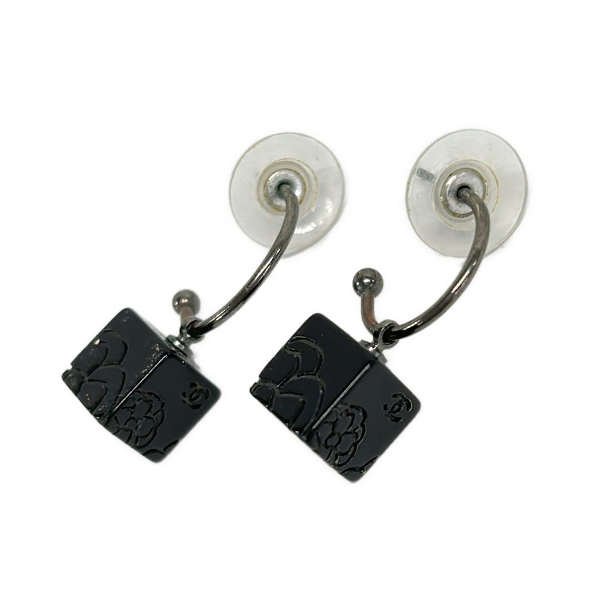 Chanel Earrings Camellia Silver Black Dice