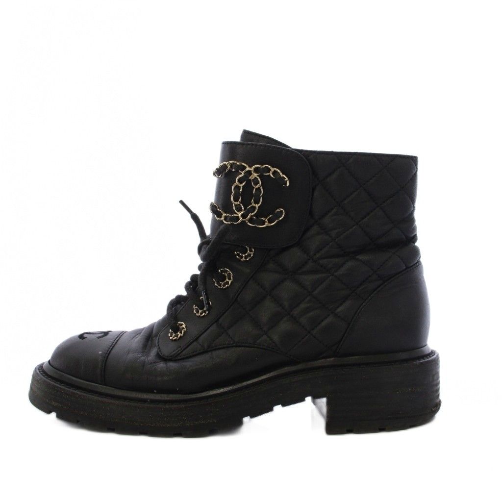 Chanel Short Boots CC Logo Quilted Lace Up Leather 38c Black — view 2