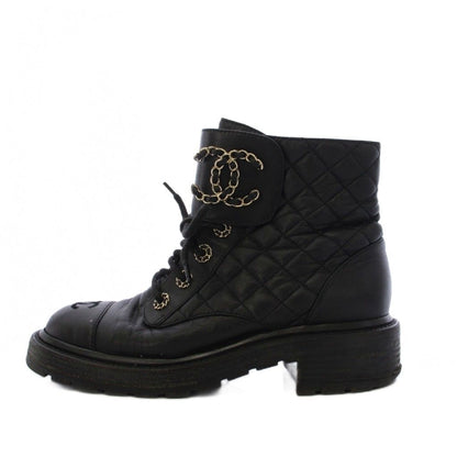 Chanel Short Boots CC Logo Quilted Lace Up Leather 38c Black — view 2