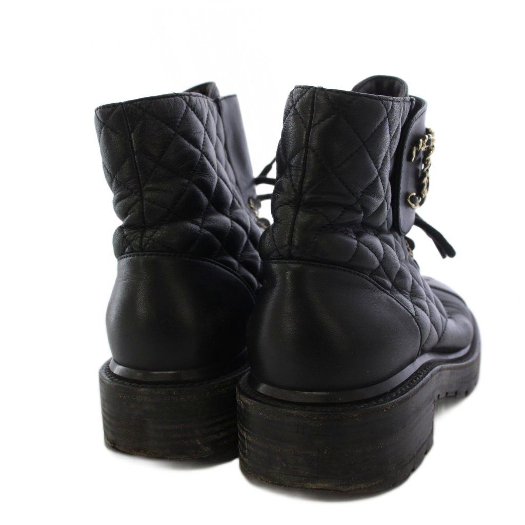 Chanel Short Boots CC Logo Quilted Lace Up Leather 38c Black — view 3