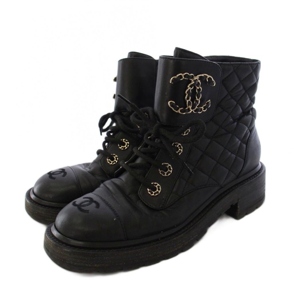 Chanel Short Boots CC Logo Quilted Lace Up Leather 38c Black