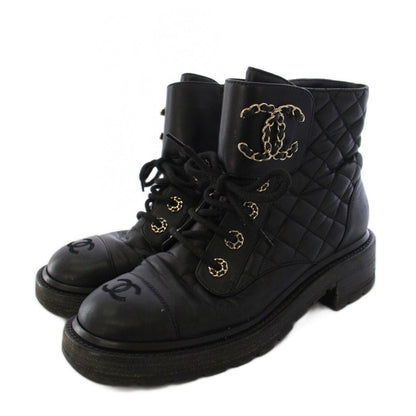 Chanel Short Boots CC Logo Quilted Lace Up Leather 38c Black