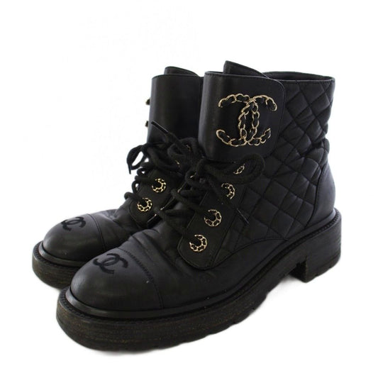 Chanel Short Boots CC Logo Quilted Lace Up Leather 38c Black