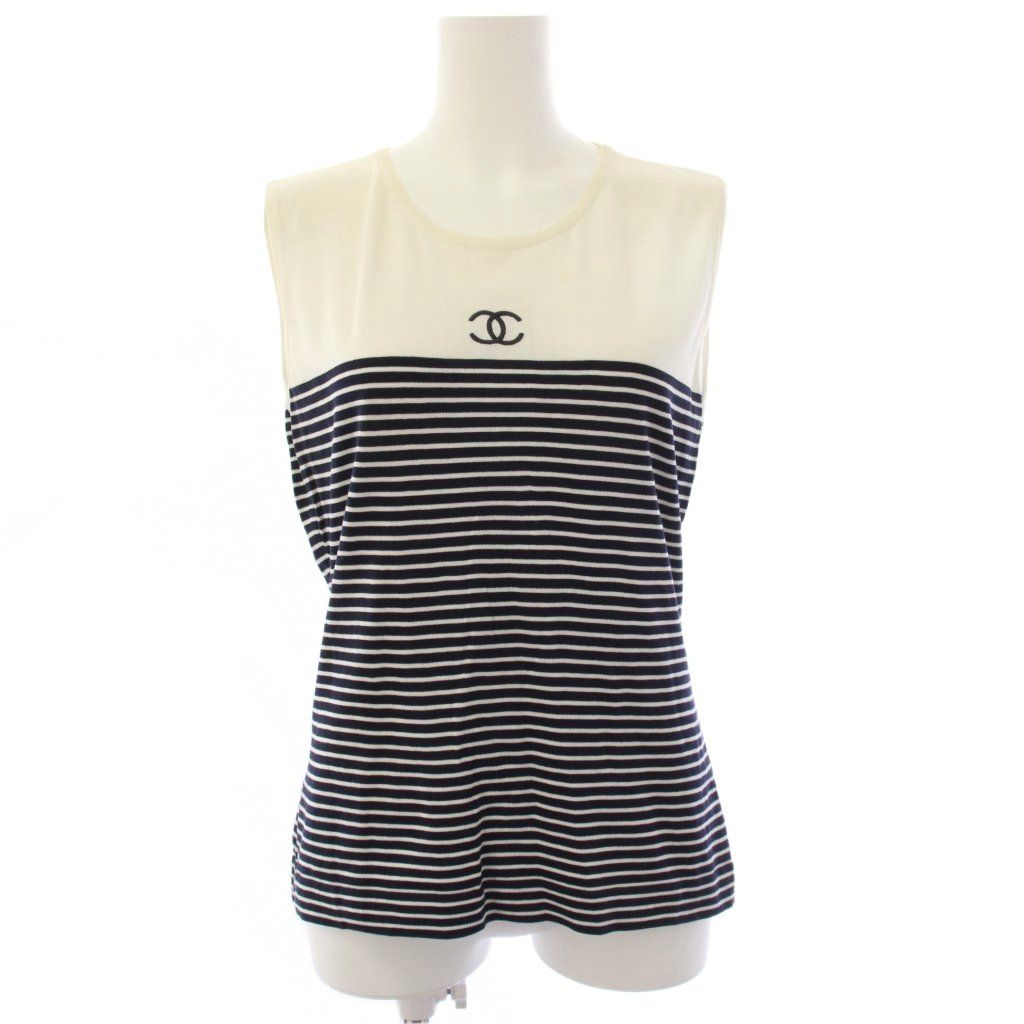 Chanel Sleeveless Knit Top CC Logo Border 42 White Sweater