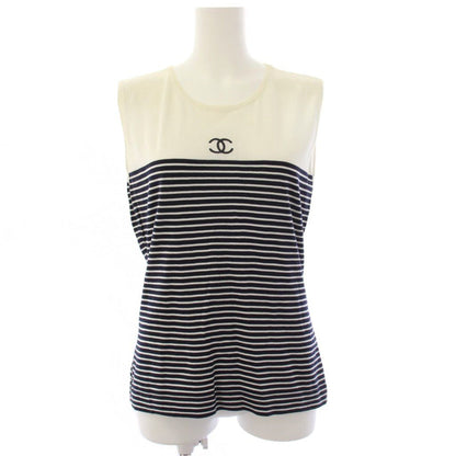 Chanel Sleeveless Knit Top CC Logo Border 42 White Sweater