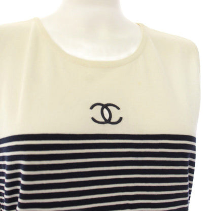 Chanel Sleeveless Knit Top CC Logo Border 42 White Sweater — view 4