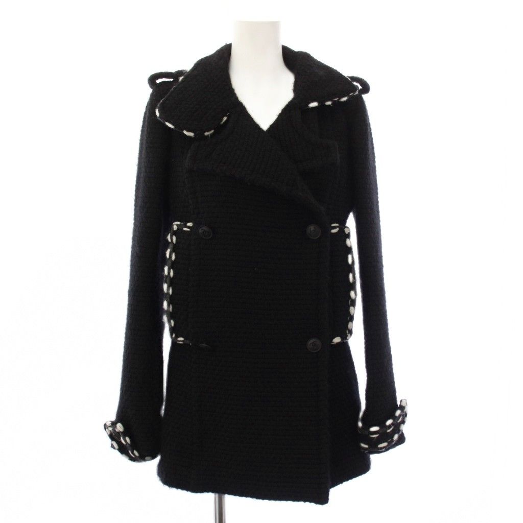 Chanel Tweed Knit Peacoat Coco Button CC Logo 36 Black Coat