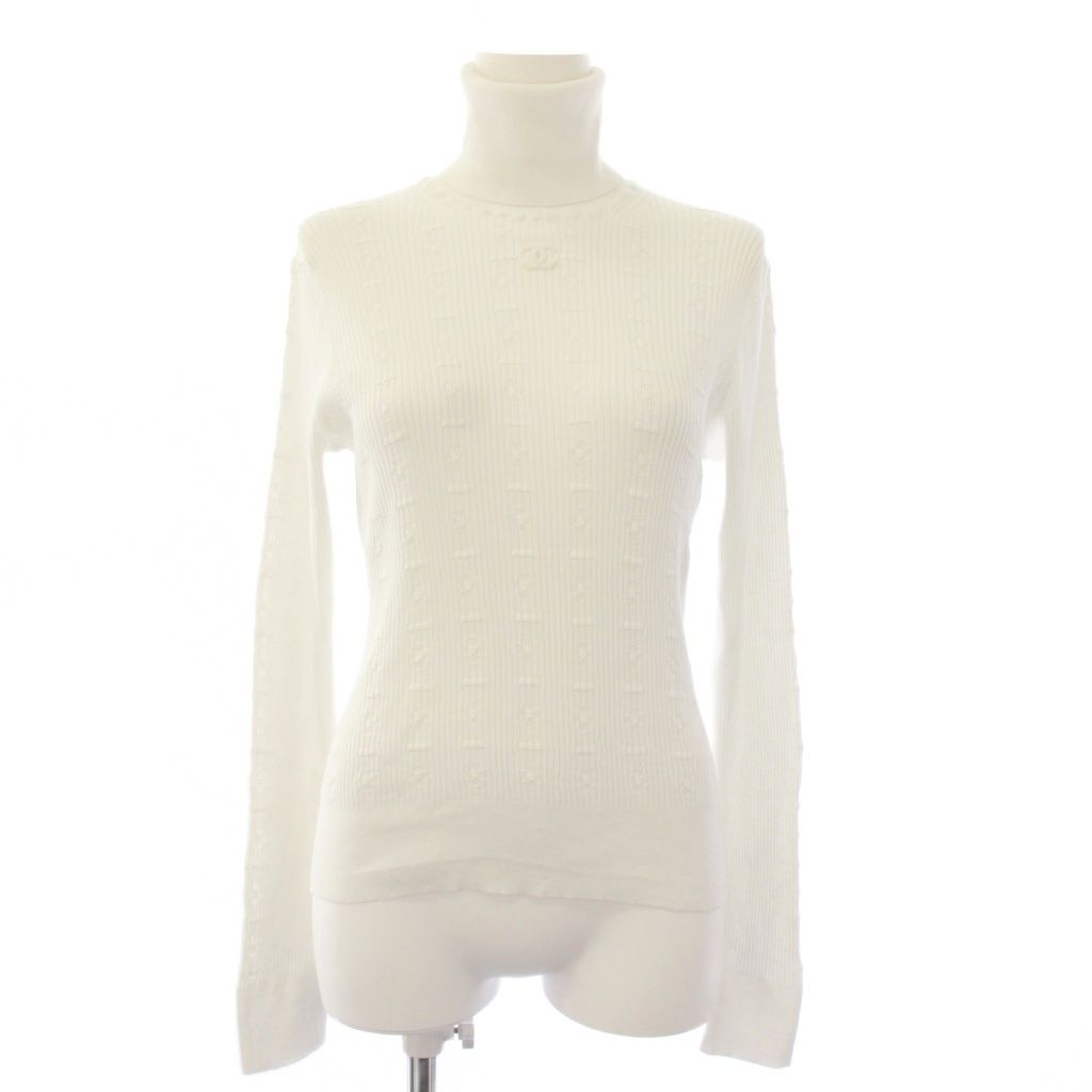 Chanel High Neck Knit Top Long Sleeve CC Logo 36 White Sweater