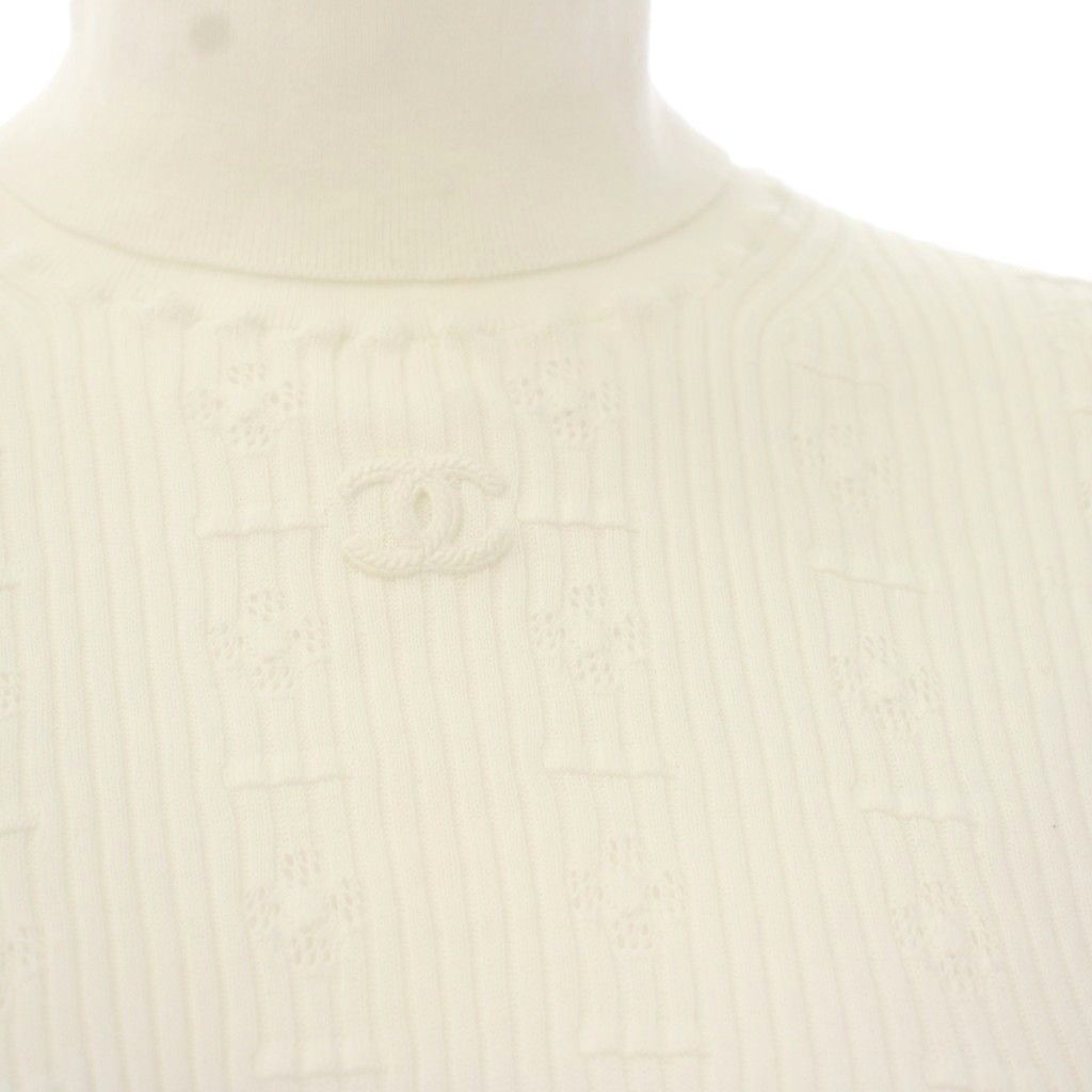 Chanel High Neck Knit Top Long Sleeve CC Logo 36 White Sweater — view 3