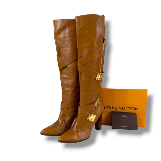 Louis Vuitton Logo Buckle Cross Belt Long Boots Knee Length Brown Leather