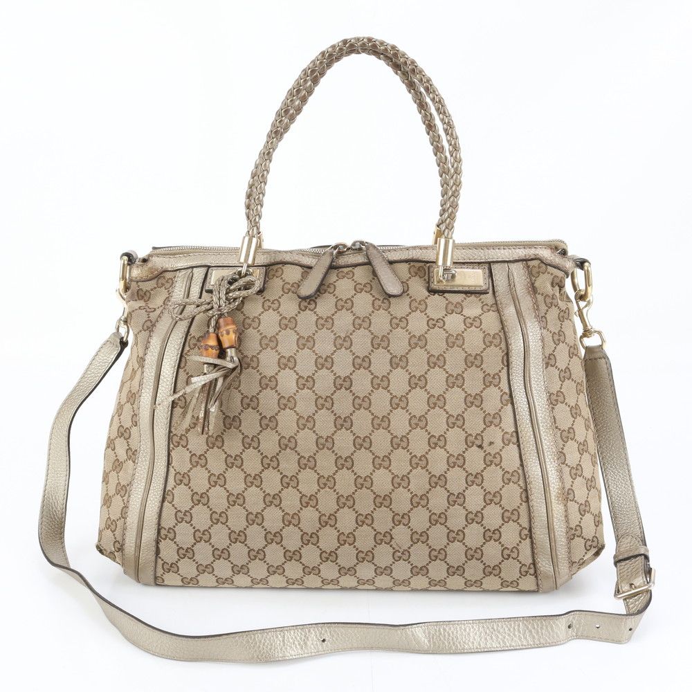 Gucci GG Canvas Bella Bamboo Ribbon Tassel 2-Way Tote Crossbody Shoulder
