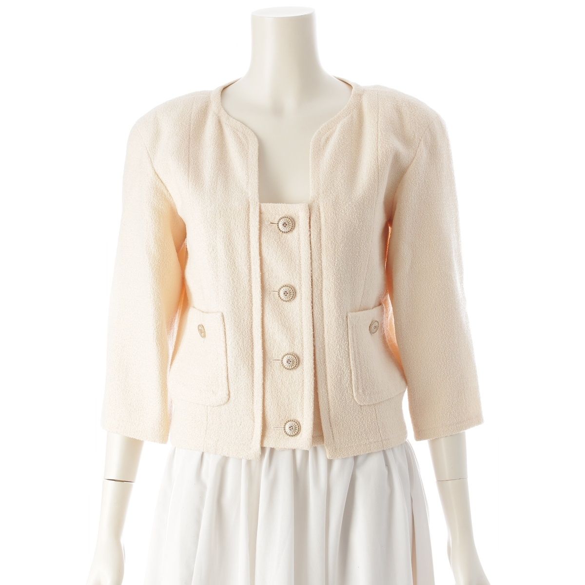 Chanel Wool Nylon CC Logo Cropped Collarless Jacket Top Ivory 34