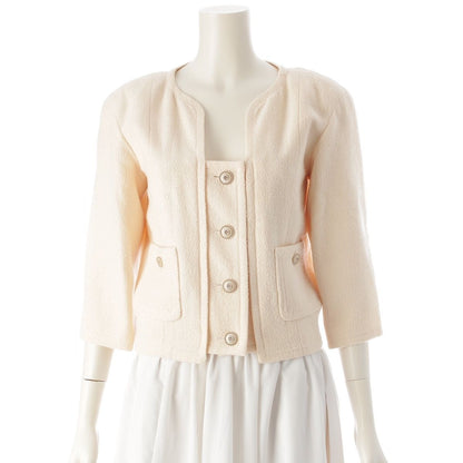 Chanel Wool Nylon CC Logo Cropped Collarless Jacket Top Ivory 34