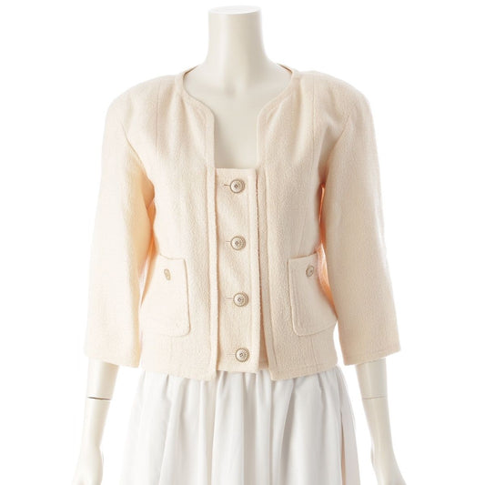 Chanel Wool Nylon CC Logo Cropped Collarless Jacket Top Ivory 34