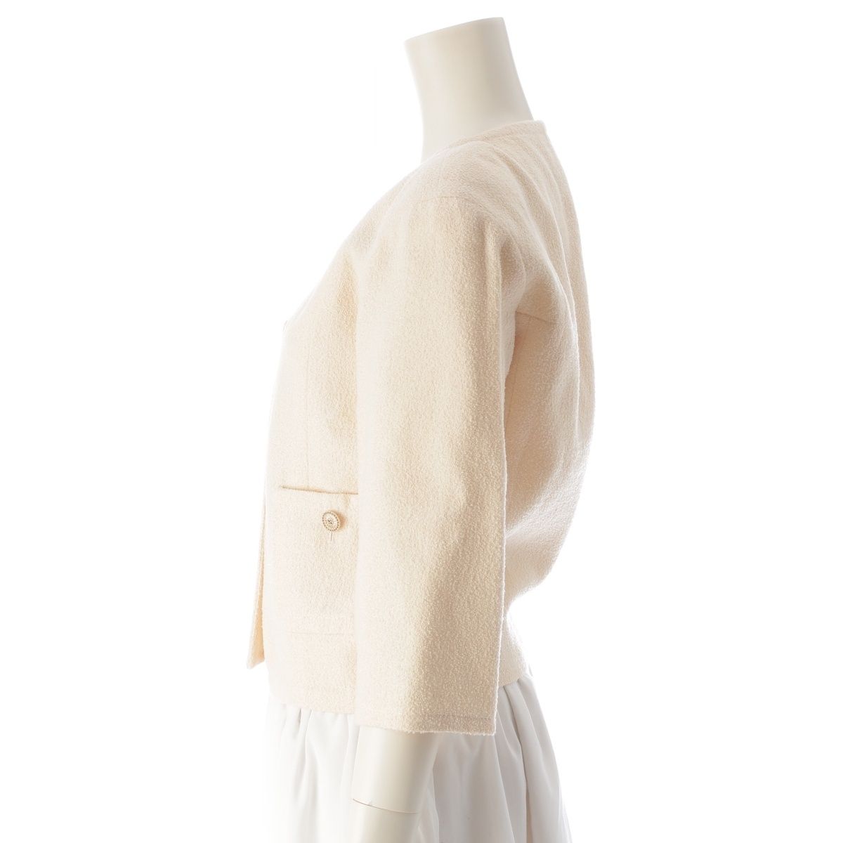 Chanel Wool Nylon CC Logo Cropped Collarless Jacket Top Ivory 34 — view 3