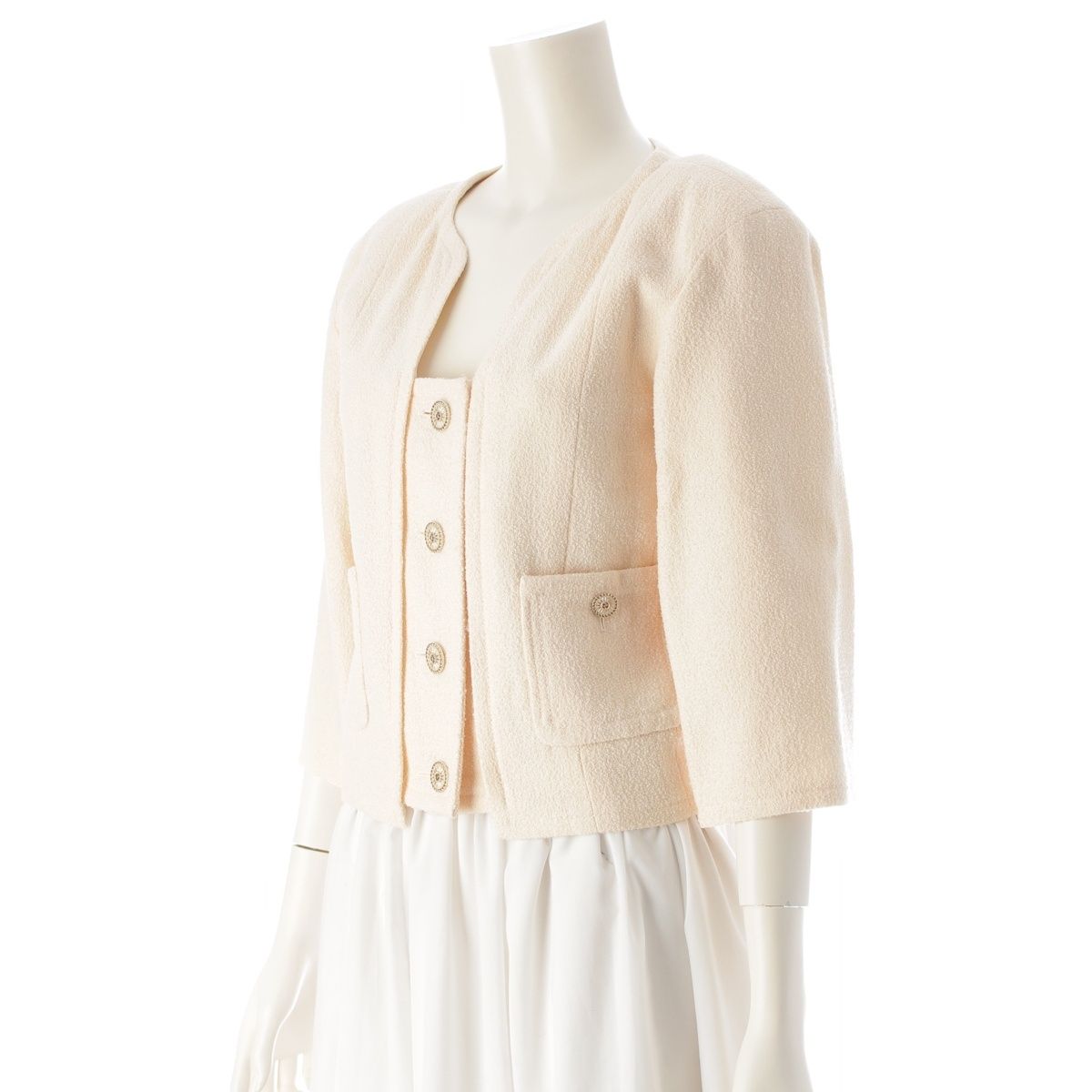 Chanel Wool Nylon CC Logo Cropped Collarless Jacket Top Ivory 34 — view 2
