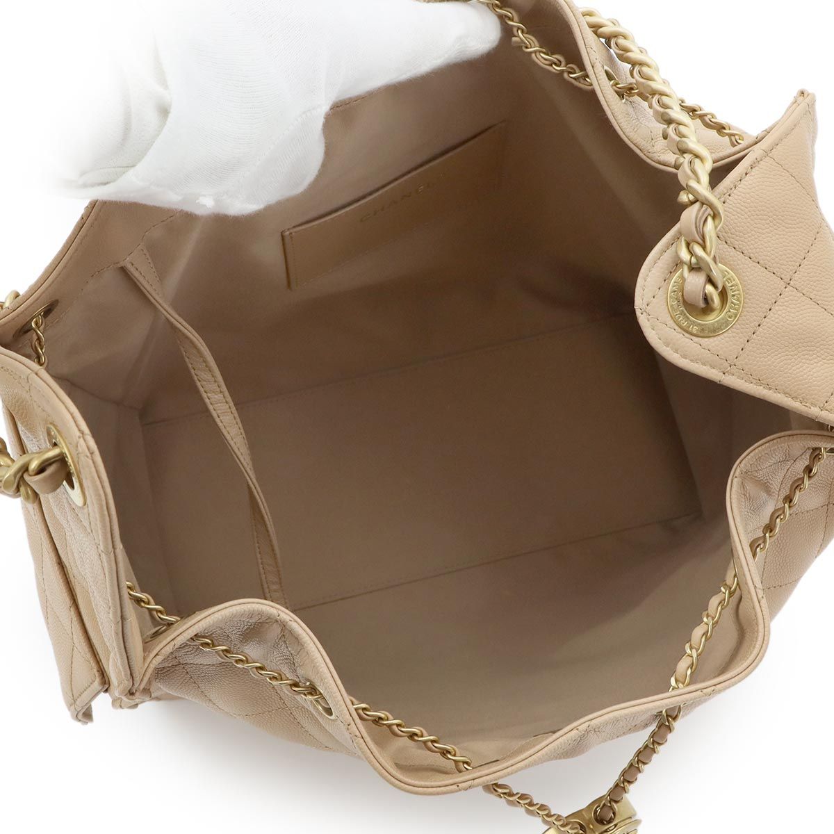 Chanel 25 Small Shoulder Bag Caviar Leather Beige Gold — view 7