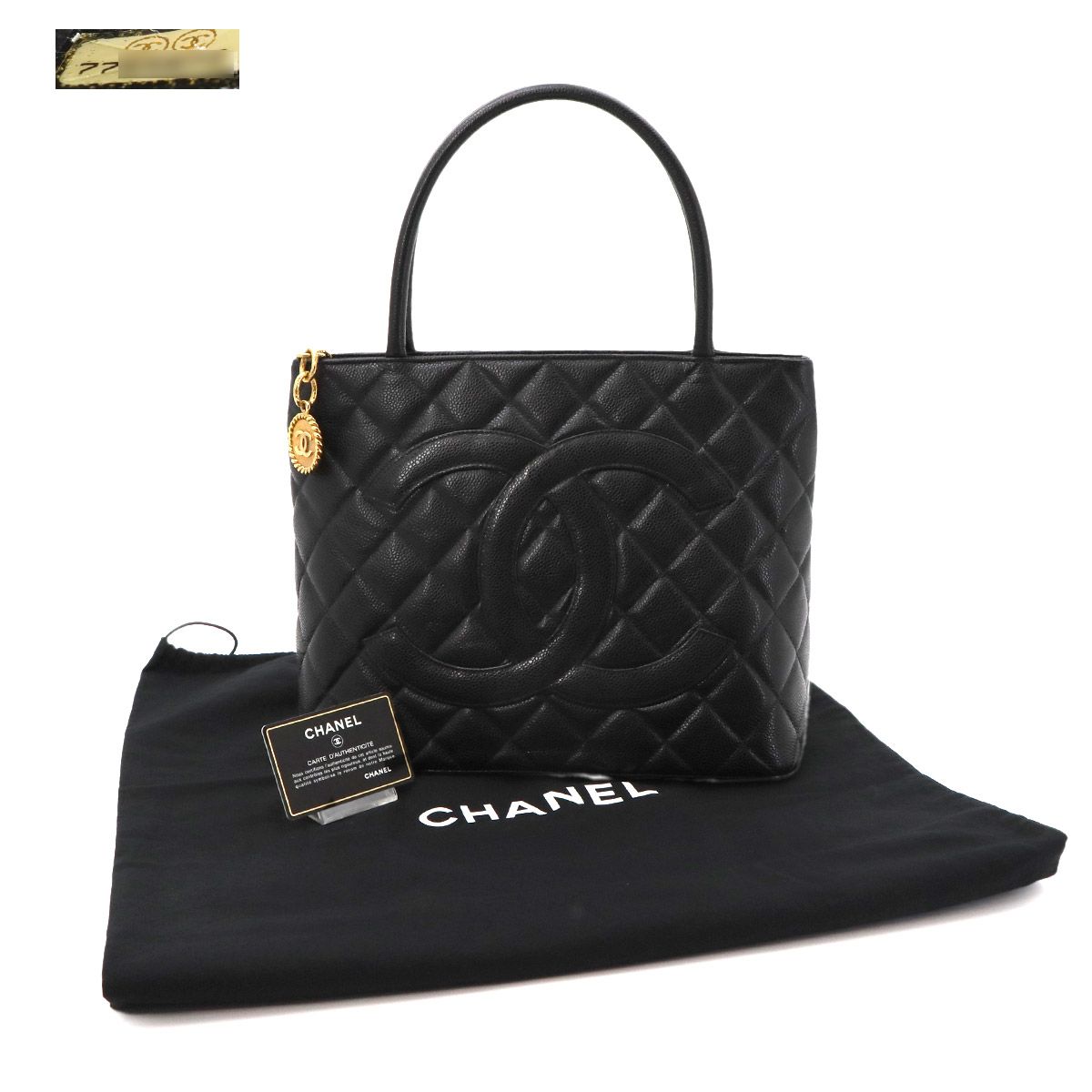 Chanel Medallion Tote Caviar Leather Black Gold Vintage — view 2
