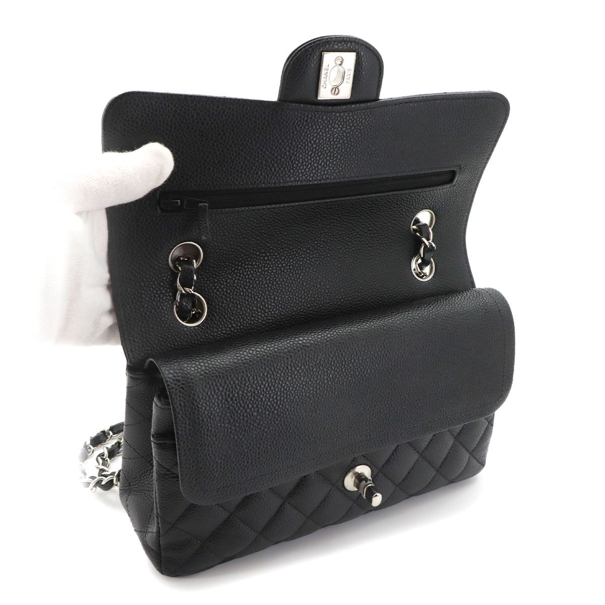 Chanel Quilted 23 Chain Shoulder Bag Caviar Leather Black Silver — view 7