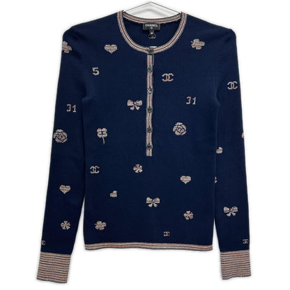 Chanel CC Logo Multi Embroidery Pullover Knit 34 Sweater