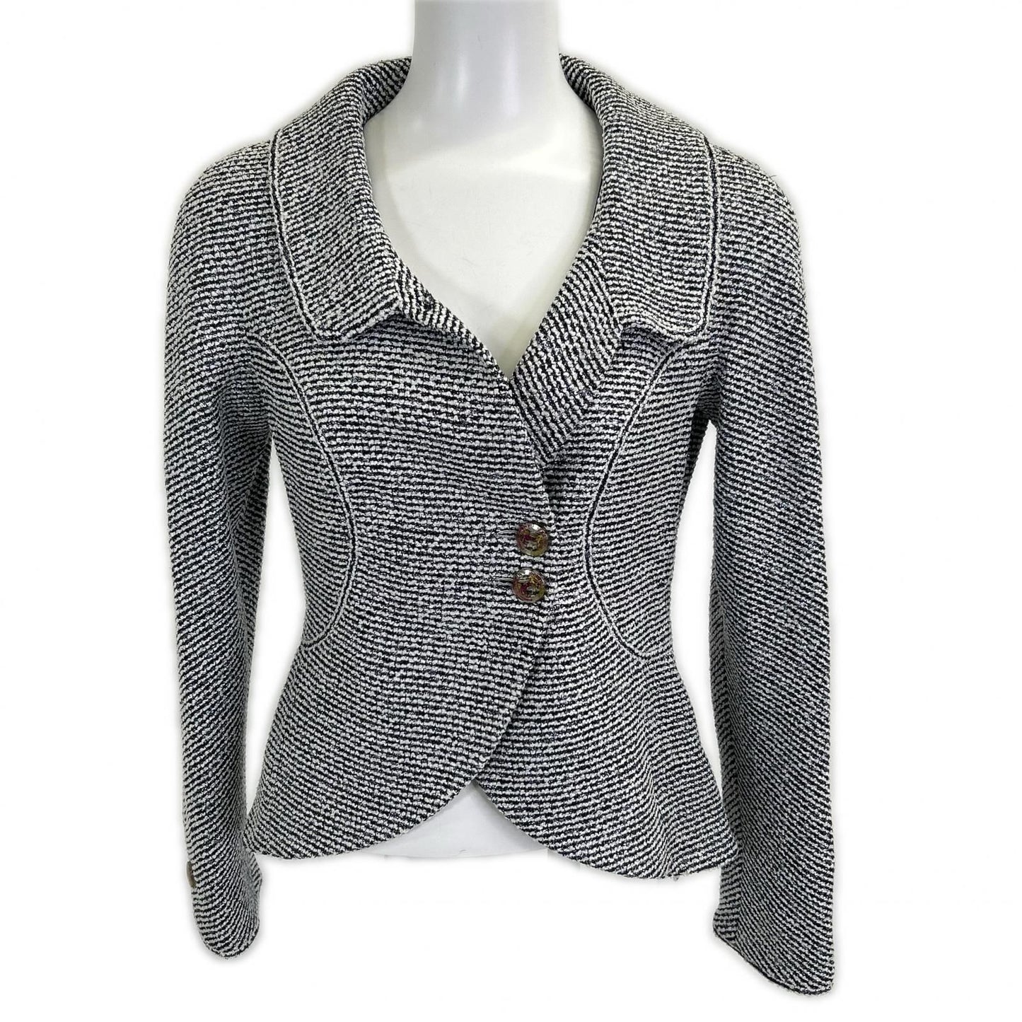 Chanel CC Logo Clear Button Silver Lamette Tweed Short 34 Jacket