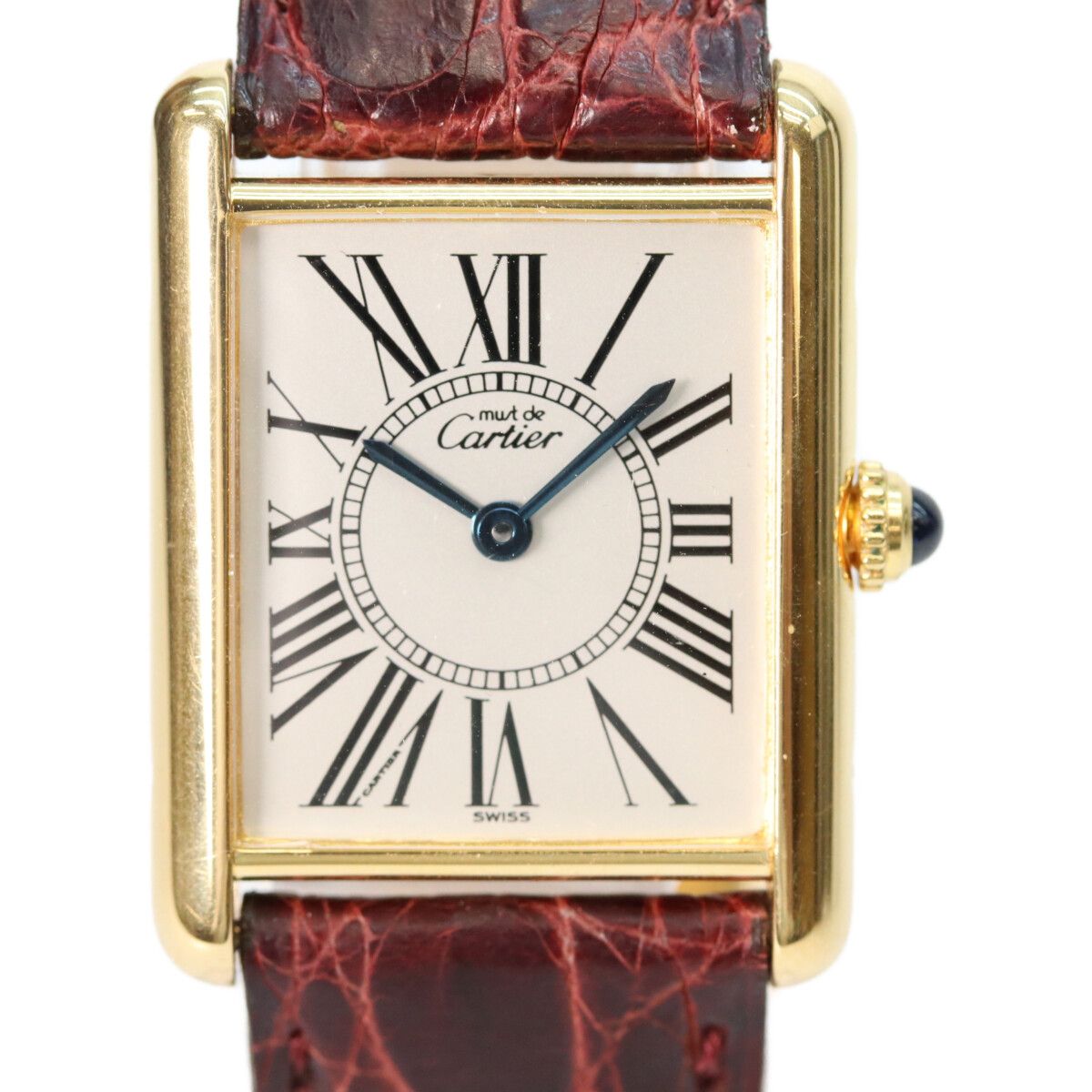 Cartier 925 Must Tank LM Opalan Vermeil Silver Dial Leather Quartz