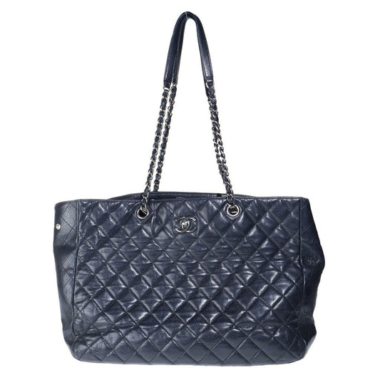 Chanel CC Logo Quilted Tote Chain Black Caviar Leather Silver