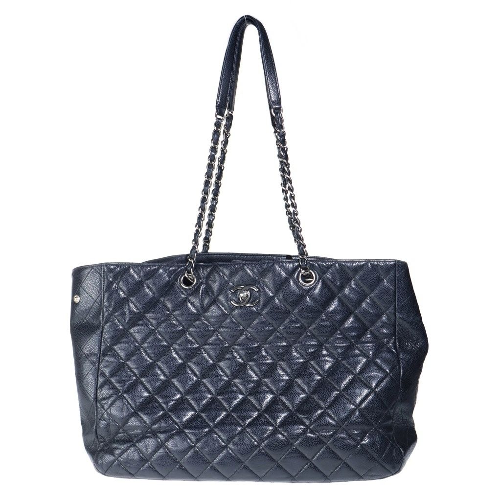 Chanel CC Logo Quilted Tote Chain Black Caviar Leather Silver