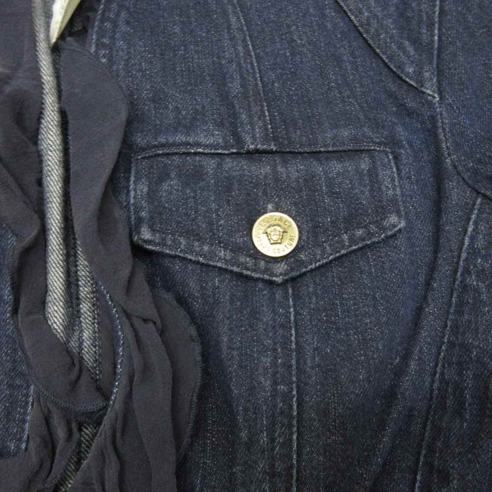 Versace Jeans Couture Denim Set Silk Contrast Indigo Blue Medusa Button Top 38 — view 6