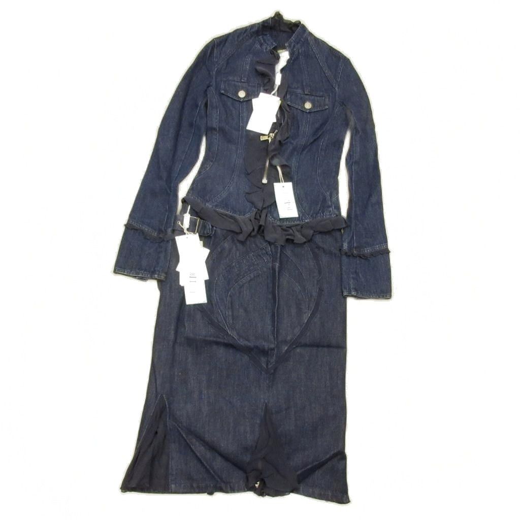 Versace Jeans Couture Denim Set Silk Contrast Indigo Blue Medusa Button Top 38