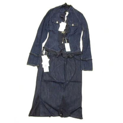 Versace Jeans Couture Denim Set Silk Contrast Indigo Blue Medusa Button Top 38